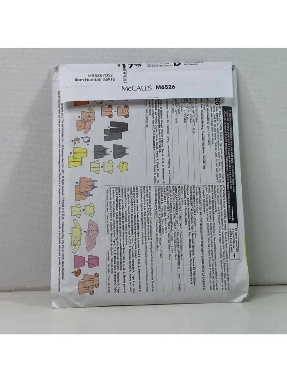 McCall’s M6526 18 Inch Doll Sewing Pattern Uncut Clothes Dresses Tops Cape Pants